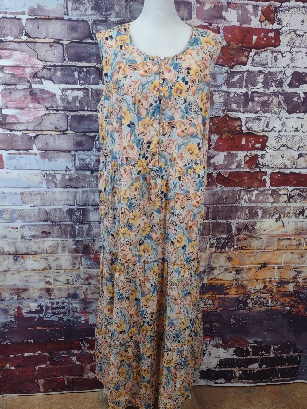 J. Jill Floral Sleeveless Maxi Dress in Peach and Blue